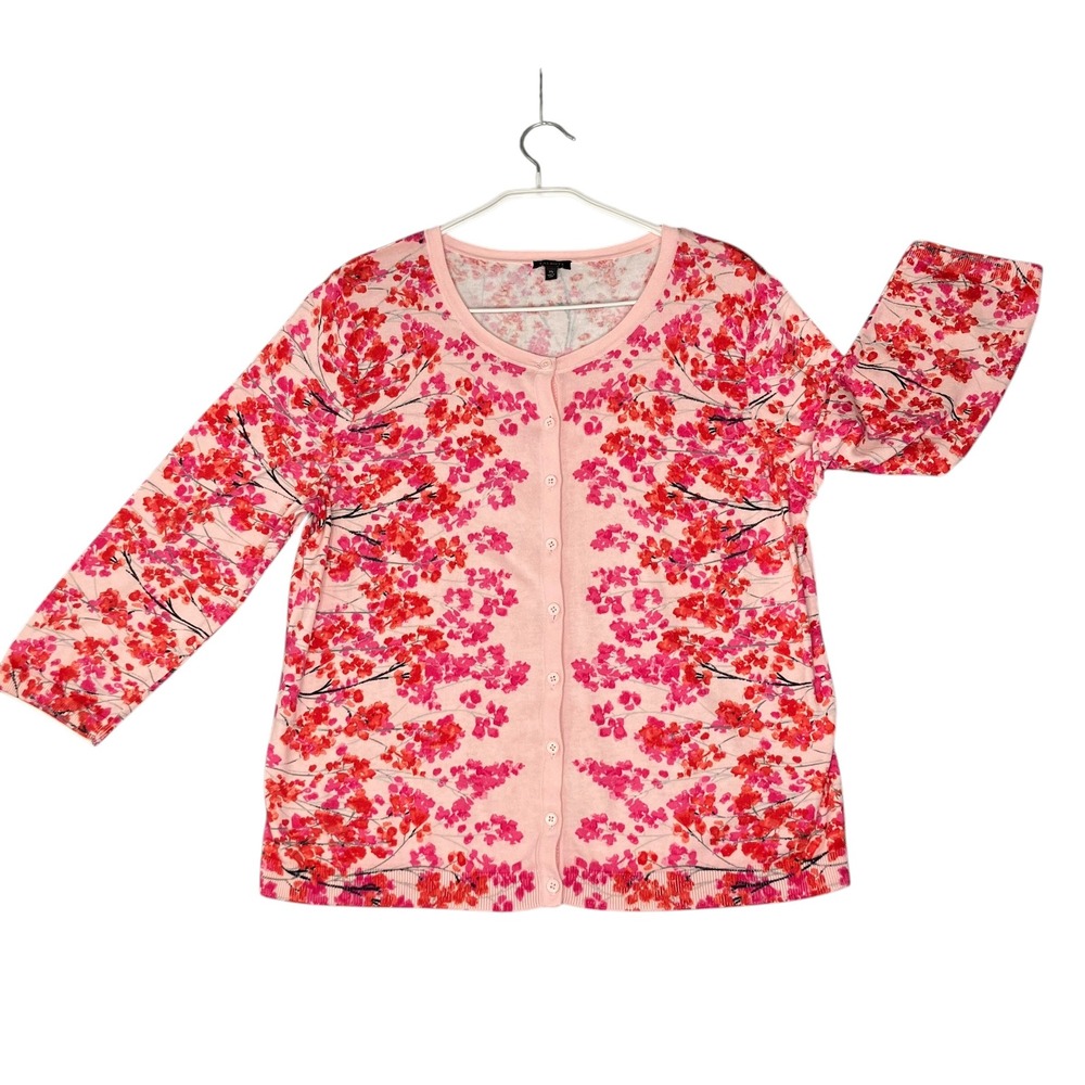 Talbots Button Up Cardigan Womens XL Pink Floral Cottagecore 3/4 Sleeve Sweater